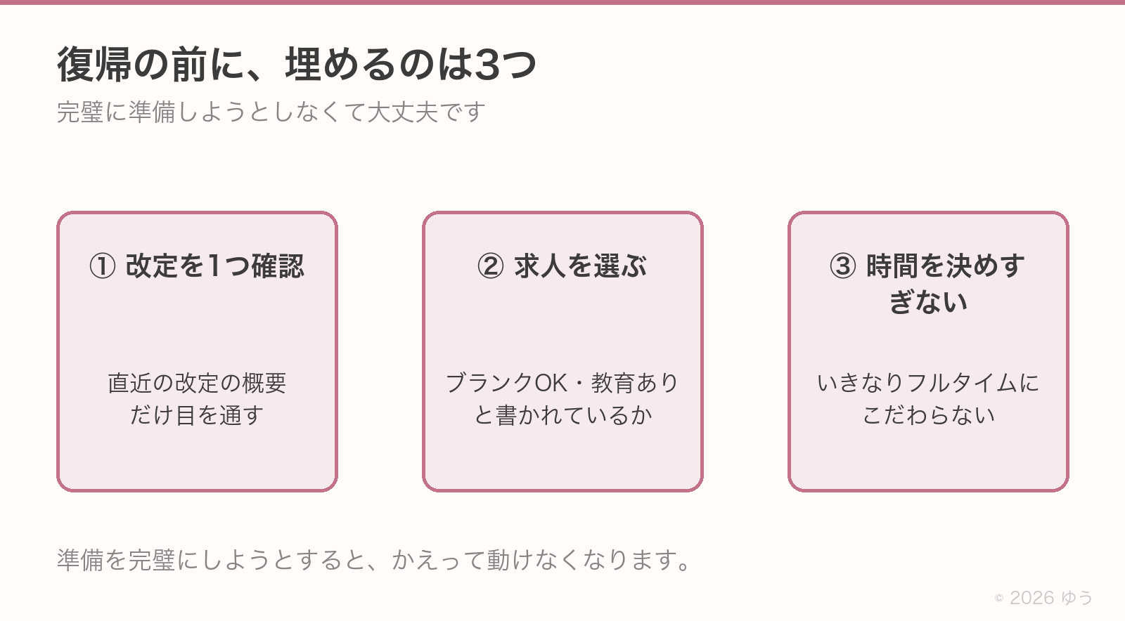 復帰前に埋める3つ。①直近の改定を1つ確認、②ブランクOK・教育ありの求人を選ぶ、③いきなりフルタイムにこだわらない