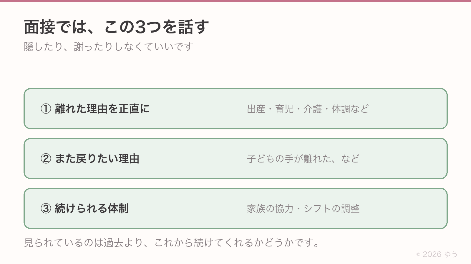 面接で話す3つ。①離れた理由を正直に、②また戻りたい理由、③続けられる体制