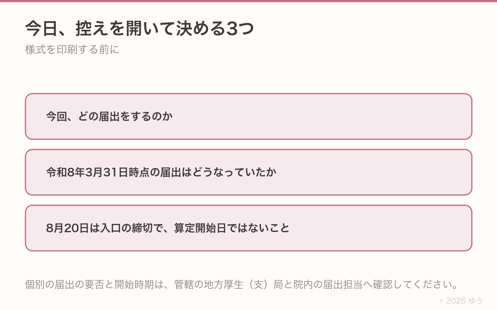 まとめのチェックリスト図。1つ目は今回どの届出をするのかを決めること、2つ目は令和8年3月31日時点の届出控えを見ること、3つ目は8月20日は入口の締切で算定開始日ではないと共有すること。
