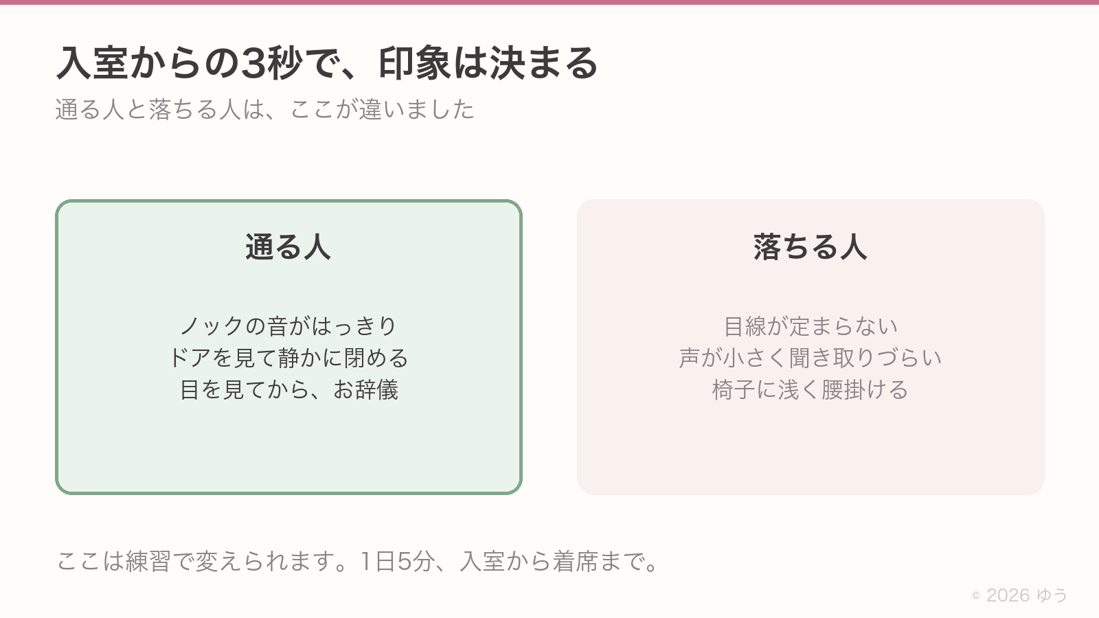 入室3秒の違い。通る人はノックの音がはっきりし、ドアを見て静かに閉め、目を見てからお辞儀する。落ちる人は目線が定まらず、声が小さく、椅子に浅く腰掛ける