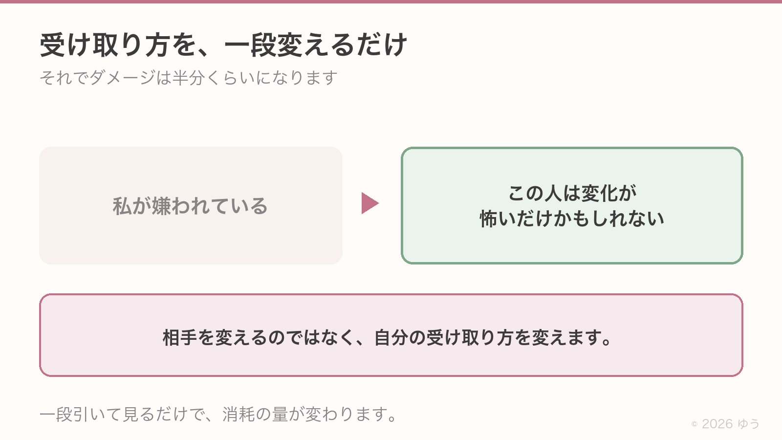受け取り方を一段変える。「私が嫌われている」から「この人は変化が怖いだけかもしれない」へ。相手ではなく自分の受け取り方を変える