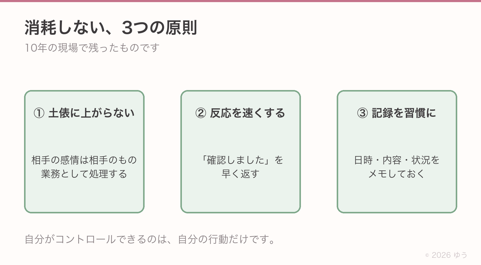 消耗しない3つの原則。①感情の土俵に上がらない、②反応を速くする、③記録を習慣にする