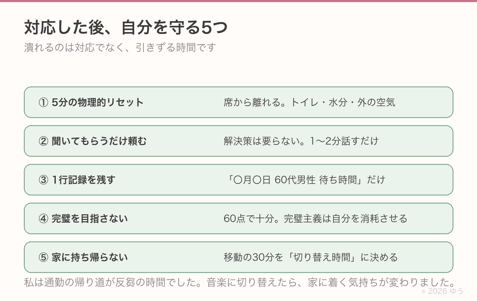 対応した後に自分を守る5つ。①5分の物理的リセットで席から離れる②同僚に聞いてもらうだけ頼む③1行記録を残す④完璧を目指さず60点で十分⑤家に持ち帰らず移動の30分を切り替え時間にする