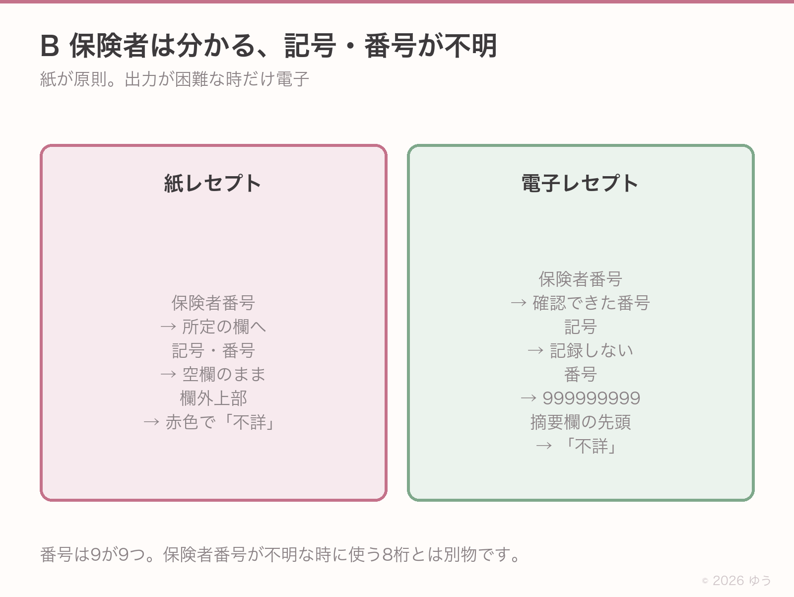 Bの書き方。紙は保険者番号を所定欄に書き欄外上部へ赤字で不詳。電子は番号999999999と摘要欄先頭に不詳